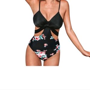 Cupshe‎ One Piece Swimsuit XL Black Floral Cutout Monokini Tie Back NWT